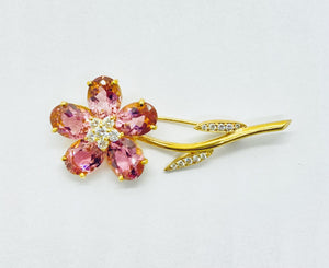 Pink Sapphire & Diamond Yellow Gold Flower Brooch